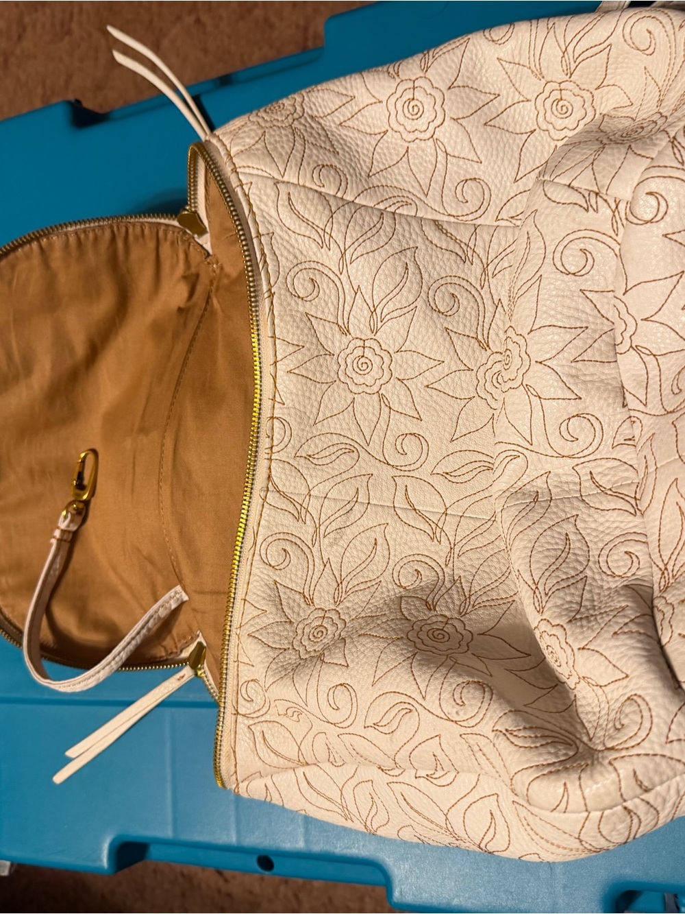 HOBO Cream Floral-Embossed Zip-Top Tote with Gold Hardware